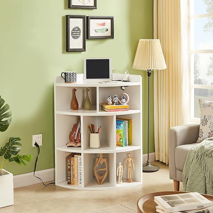 Vecelo Corner Cabinet with Charging Station, 3-Tier Bookcase Cube Storage Organizer with USB Outlets, Triangle Corner Bookcases with 8 Cubbies for Playroom, Bedroom, Living Room, Pearl White