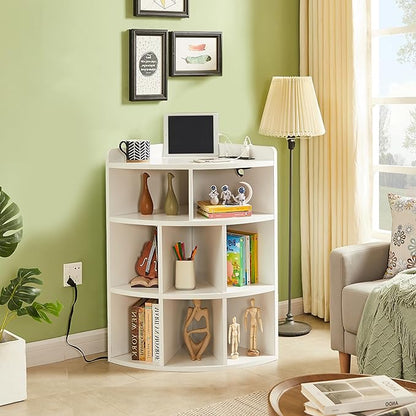 Vecelo Corner Cabinet with Charging Station, 3-Tier Bookcase Cube Storage Organizer with USB Outlets, Triangle Corner Bookcases with 8 Cubbies for Playroom, Bedroom, Living Room, Pearl White
