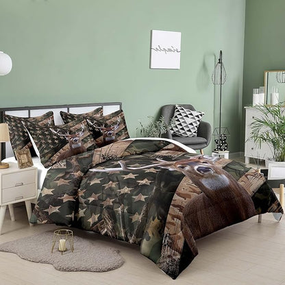 NINENINE Camo Deer Bedding Sets Full Size American Flag Comforter for Boys Adult Teens Western Theme Wildlife Forest Hunted Animal Comforter Sets with 1 Comforter 2 Pillowcases
