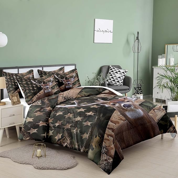NINENINE Camo Deer Comforter Sets Twin Size,American Flag Wildlife Forest Bedding for Boys Adult Teens,Western Theme Hunted Animal Comforter Sets with 1 Comforter 1 Pillowcase…
