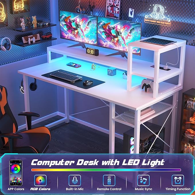 Gaming Desk with Lights & Power Outlets, 47.2'' Computer Desk with Storage Shelves, Small Desk for Small Space, Desk with Monitor Stand, Black