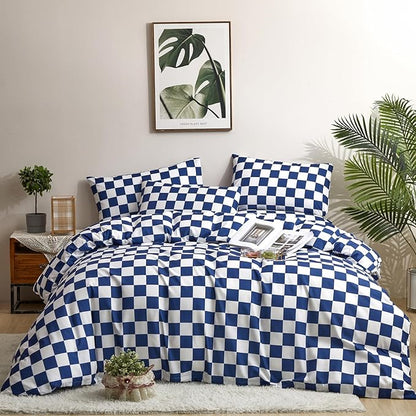 Royal Blue White Grid Comforter Set King Royal Blue Plaid Bedding Set Women Royal Blue and White Checkered Bed Comforter Set Breathable Blanket Set Men Durable Bedding Comforter Set