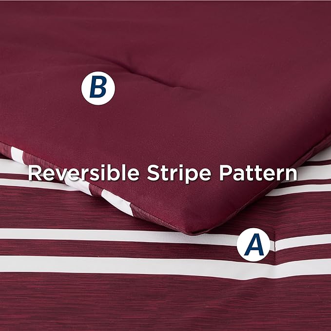 Bedsure Bed in a Bag California King Size 7-Piece Burgundy White Striped Bedding Comforter Sets All Season Bed Set, 2 Pillow Shams, Flat Sheet, Fitted Sheet and 2 Pillowcases