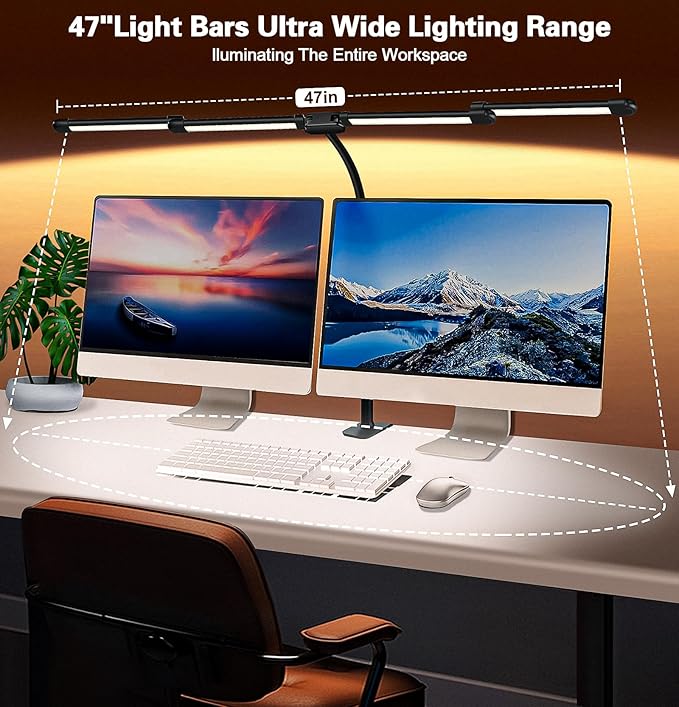 LED Desk Lamp for Home Office, 24W Bright Office Desk Lamp with Desktop Dimmer, 46" Multi-screen Computer Monitor Architect Clamp Desk Light, Color and Dimming LED Table Light for Work Study