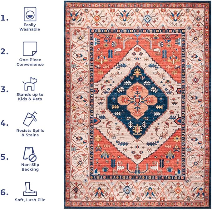 nuLOOM Carolyn Machine Washable Tribal Motif Ultra Thin Area Rug, 8' Square, Rust