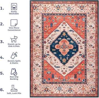 nuLOOM Carolyn Machine Washable Tribal Motif Ultra Thin Area Rug, 8' Square, Rust