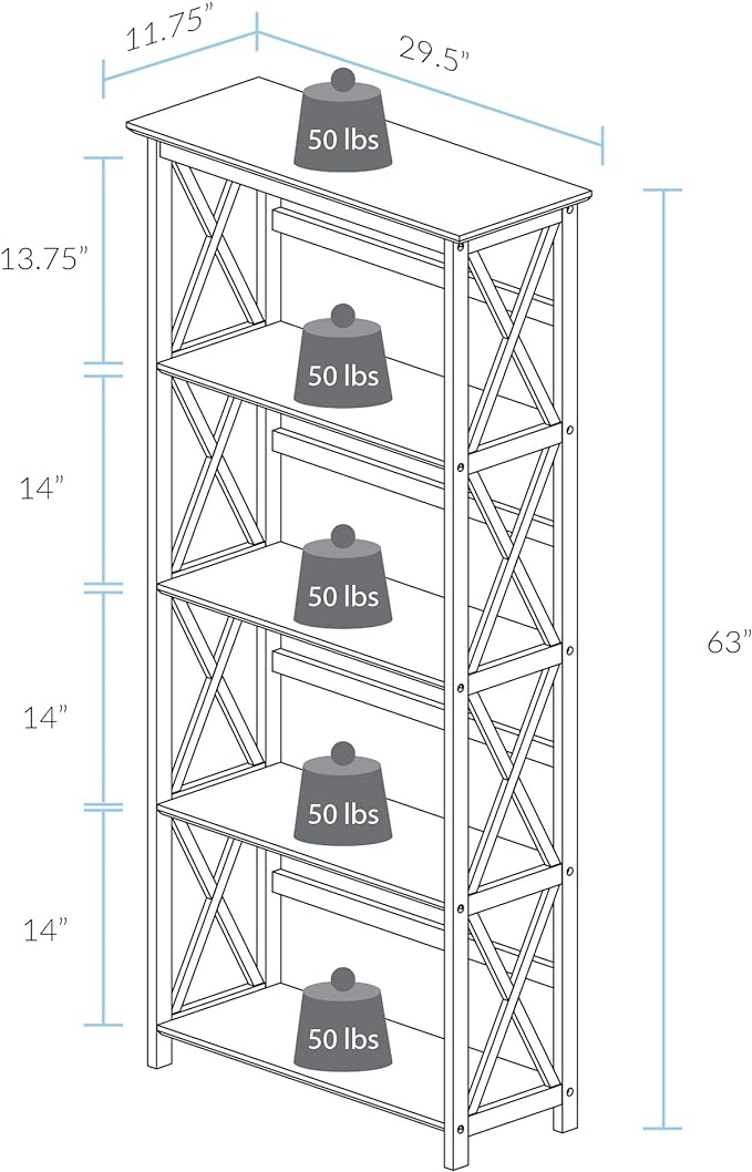 Casual Home Montego Bookcase, 5-Shelf, White,324-51