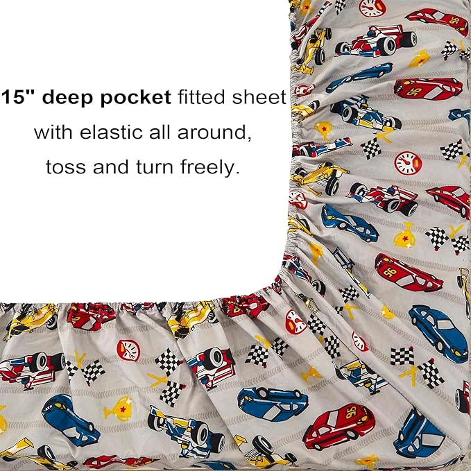 Mooreeke Full Size Comforter Sets for Boys Kids, 8 Pieces Bed in a Bag Racing Car Bedding Comforter Sheet Set with Shams and Decorative Toy Pillow, Ultral Soft Microfiber Kids Bed Set