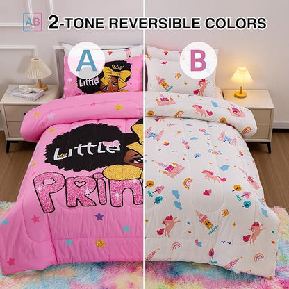 A Nice Night Black Girl Little Princess Comforter Set, Pink 6Pcs Bed in A Bag Twin Size Sparkling Stars Bedding Set,for Kids, Girls