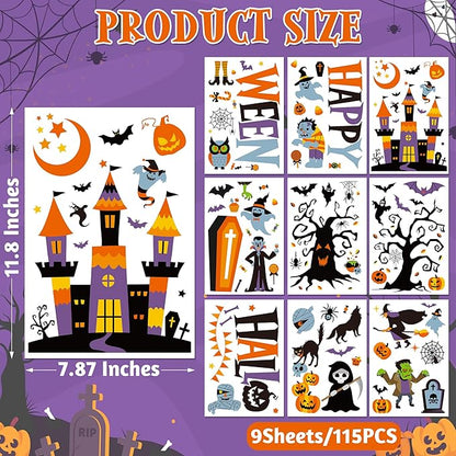 115PCS Halloween Window Clings, 9 Sheets Halloween Decorations, Cute Witch Tree Zombie Ghost Patterns PVC Window Stickers for Treat or Trick Party Favors Decal Supplies Decor Accessories