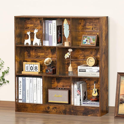 LEYAOYAO 8 Cube Bookshelf with Base,3 Tier Mid-Century Modern Brown Bookcase,Standing Wide Bookshelves Storage Organizer Shelf,Rustic Wood Display Cabinet Book Shelves for Bedroom,Living Room,Office