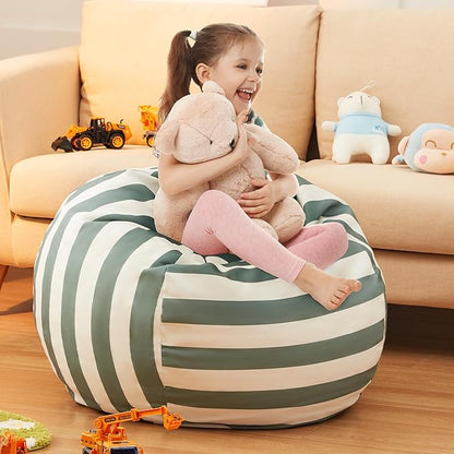 EXQ Home Kids Bean Bag Chairs Cover -Stuffed Animal Bean Bag Storage Green and White Stripes-Zipper Bean Bag for Organizing Children Plush Toys Holiday Gift for Girl,Boys