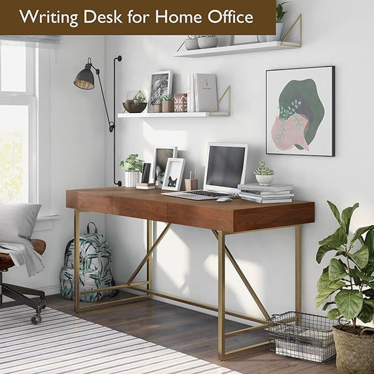 Lizon Modern 60 Inch Wood Desk with Drawers, Office Table with Storage, Vanity Without Mirror for Bedroom, Study Room, Dorm, 60-inch, Light Walnut Brown and Gold