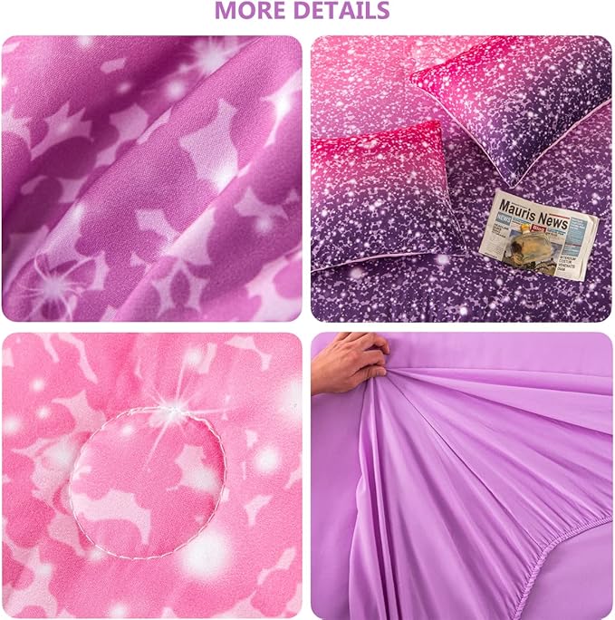 PERFEMET Purple Glitter Comforter Set Twin Size 6 Pieces Bed in A Bag for Teen Girls 3D Colorful Rainbow Bedding Comforter Sheet Set Ultra Soft Galaxy Quilted Duvet