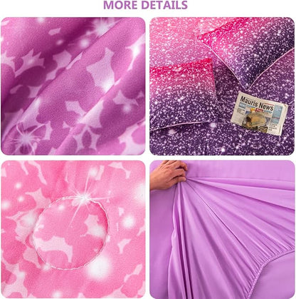 PERFEMET Purple Comforter Set Full Size - 6Pcs Colorful Rainbow Girls Bedding Set - Sparkly Pastel Ombre Bed in A Bag - (1 Comforter, 1 Flat Sheet, 1 Fitted Sheet, 2 Pillowcases, 1 Cushion Cover)