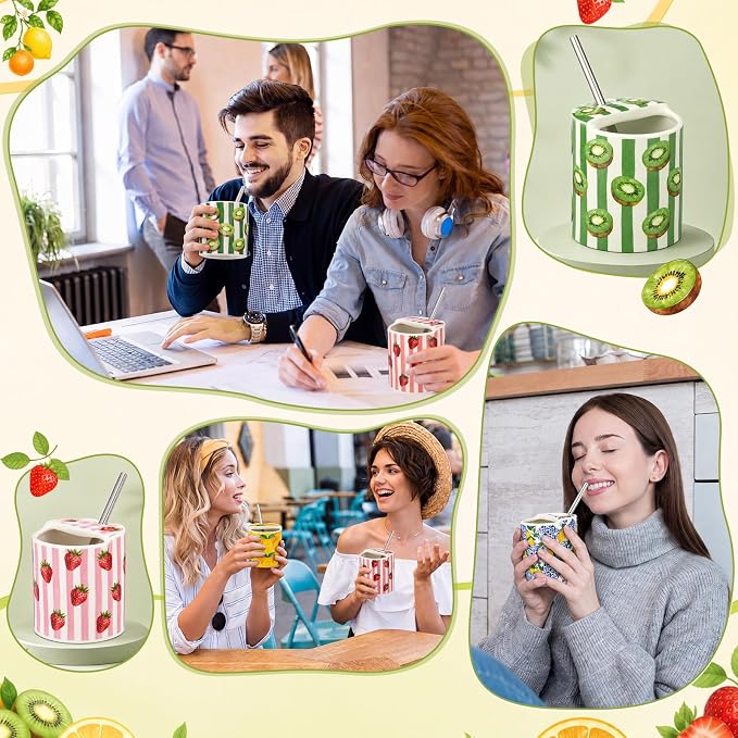 4 Pack Fruit Ceramic Coffee Mug with Sip Hole 10 Oz Espresso Cup with Straws Retro Hand Painted Fruit Porcelain Coffee Tea Cup Cappuccino Latte Mug for Kitchen Dining Travel
