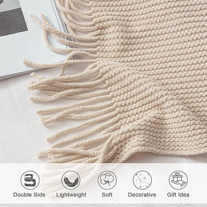 lifein Throw Blanket for Couch, Soft Boho Decor Bed Throw,Cozy White Chenille Knitted Small Farmhouse Lightweight Throw for Spring(White/Cream,50 * 60")