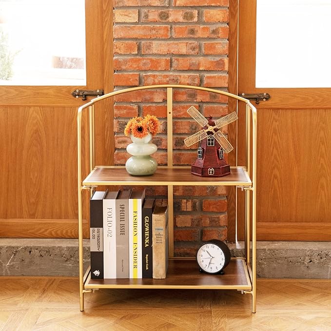 No Assembly Folding Bookshelf for Living Room, 2 Tier Gold Collapsible Book Shelf for Home Office, Portable Bookcase Storage Organizer