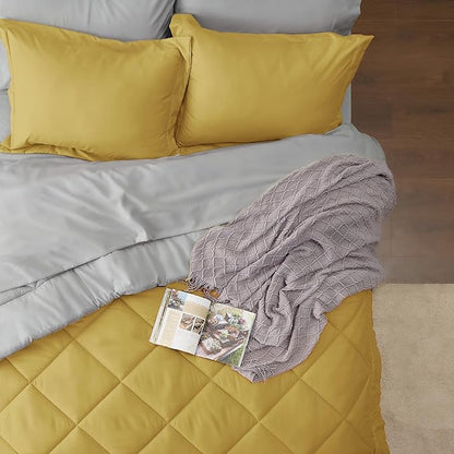 Bedsure Mustard Yellow Queen Comforter Set - 7 Pieces Reversible Queen Bed in a Bag, Queen Bed Set Mustard Yellow and Grey with Comforters, Sheets, Pillowcases & Shams