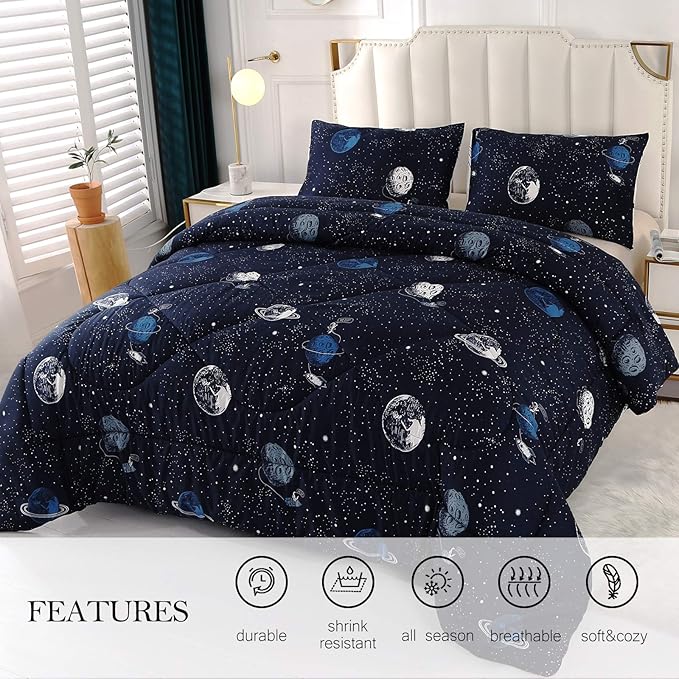 ENJOHOS Space Bedding Comforter Set Twin Size for College Boy, 3 Pieces Twin/Twin XL Galaxy Summer Bedding, Lightweight Soft Microfiber Universe Blanket Comforter, Dark Blue Comforter for Kid