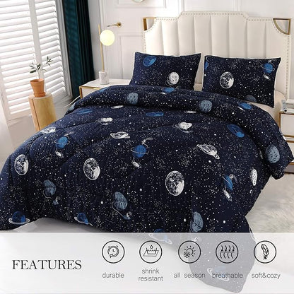 ENJOHOS Space Bedding Comforter Set Twin Size for College Boy, 3 Pieces Twin/Twin XL Galaxy Summer Bedding, Lightweight Soft Microfiber Universe Blanket Comforter, Dark Blue Comforter for Kid