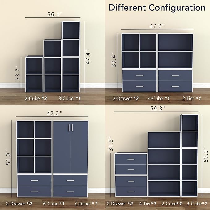 Apexa 6 Cube Storage Organizer Shelves, Stackable Wood Bookcase Fits Cubby Bins for Organization, Dorm Teen Room Decor & Home Office, Steel Blue