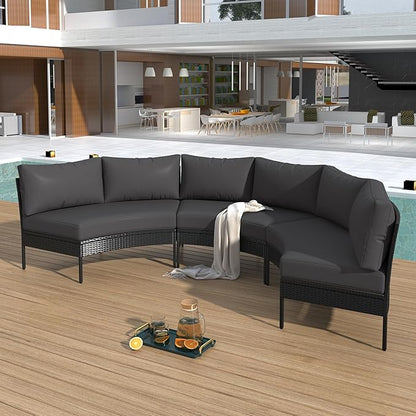 Merax Patio Furniture Sets Outdoor, All Weather Half-Moon Sectional PE Rattan Sofa with Cushions, Grey
