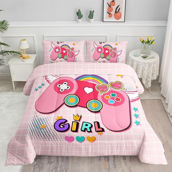 Datura home Bedding Comforter Set Pink Gamepad Printed Pattern Quilt with 1 and 2 Pillowcases for Girls Bedroom All Season(Pink Queen) Queen 90x90inches