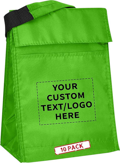 DISCOUNT PROMOS 10 Hook and Loop Insulated Lunch Bags Set - Customizable Text, Logo - Polyester, Durable, Vibrant, Reusable - Green