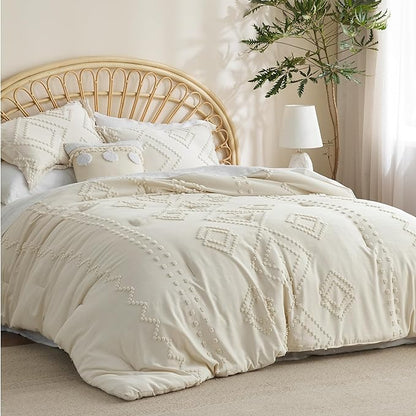 Bedsure Boho Comforter Set Full - Beige Tufted Bedding Comforter Set, 3 Pieces Farmhouse Shabby Chic Embroidery Bedding Set, Soft Geometric Pattern Comforter for All Seasons