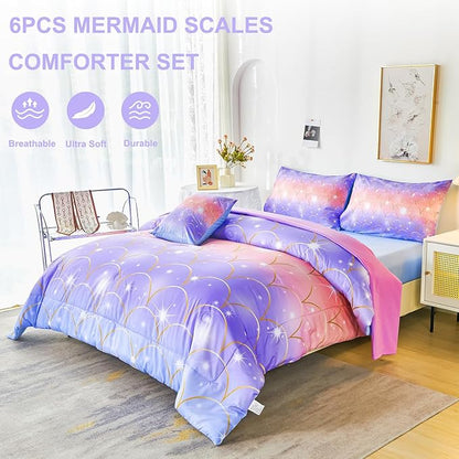 PERFEMET Mermaid Scales Queen Comforter Set 6 Pieces Purple Orange Comforter for Queen Size Bed Teen Girls Glitter Bedding Set Rainbow Tie Dye Bed in A Bag