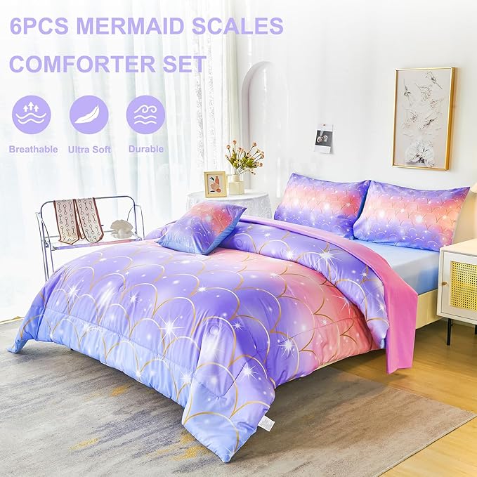 PERFEMET Purple Mermaid Twin Comforter Set for Girls, 6 Pieces Colorful Rainbow Twin Bedding Sets, Tie Dye Ombre Glitter Bed in A Bag Comforter Set with Sheets