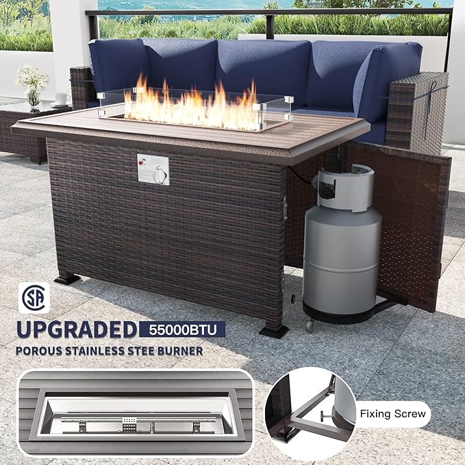 Kullavik 15PCS Outdoor Patio Furniture Set with 43" 55000BTU Gas Propane Fire Pit Table PE Wicker Rattan Sectional Sofa Patio Conversation Sets w/8 Coner Sofas,Dark Blue