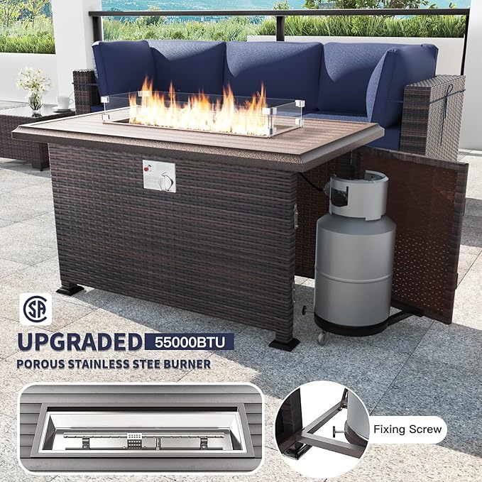 Kullavik 13 Pieces Outdoor Patio Furniture Set with 43" 55000BTU Gas Propane Fire Pit Table PE Wicker Rattan Sectional Sofa Patio Conversation Sets,Navy Blue
