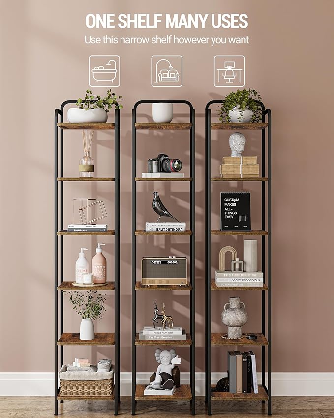 Bookcase Bookshelf, Narrow Book Shelf, Industrial Coner Shelf Storage Organizer, Slim Shelving Unit for Home Office, Living Room, Bedroom, Kitchen, 6-Tier Rustic Brown BC24601B