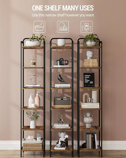 Bookcase Bookshelf, Narrow Book Shelf, Industrial Coner Shelf Storage Organizer, Slim Shelving Unit for Home Office, Living Room, Bedroom, Kitchen, 6-Tier Rustic Brown BC24601B