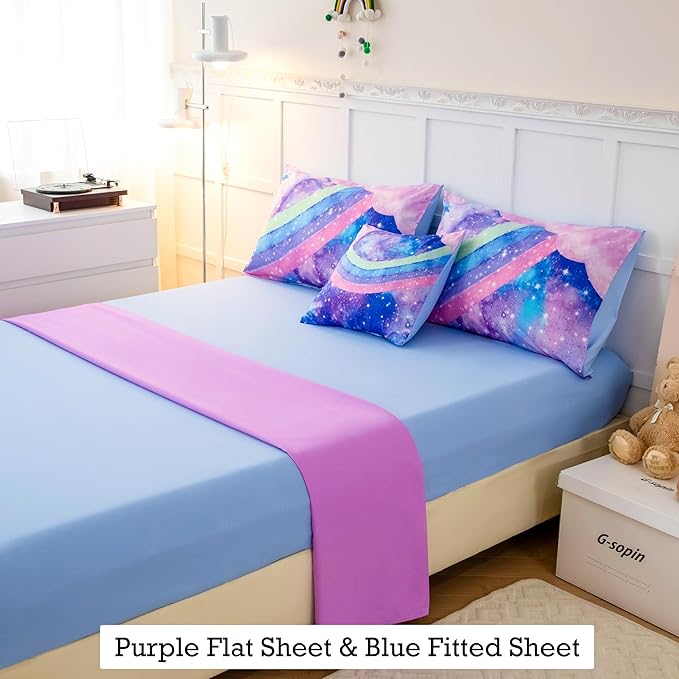 Rainbow Nebula Teen Bedding Comforter Set for Girls, Gradient Glitter Bedding Set Full Size, 3D Tie Dye Blue Comforter Bedding Sets, 6Pcs Bed in A Bag for All Season