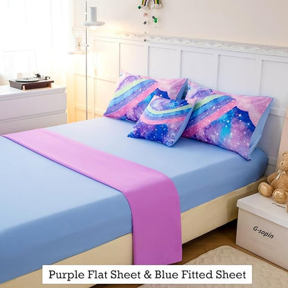 Rainbow Nebula Teen Bedding Comforter Set for Girls, Gradient Glitter Bedding Set Full Size, 3D Tie Dye Blue Comforter Bedding Sets, 6Pcs Bed in A Bag for All Season
