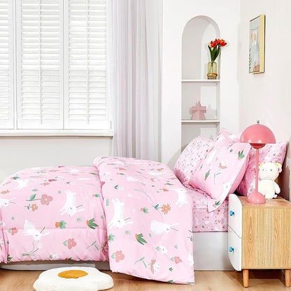 Mooreeke Bed in a Bag for Kids Girls Teens, 5 Pieces Twin Size Comforter Bed Set with Shams, Sheet Set, Rabbit Pink Super Soft Microfiber Kids Comforter Bedding Set