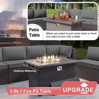 Patio Furniture Set with Fire Pit Table 13-Pieces Outdoor Sectional Furniture Outdoor Rattan Patio Conversation Sets with 43in 55,000 BTU Propane Gas Fire Pit Table Glass Table, Grey