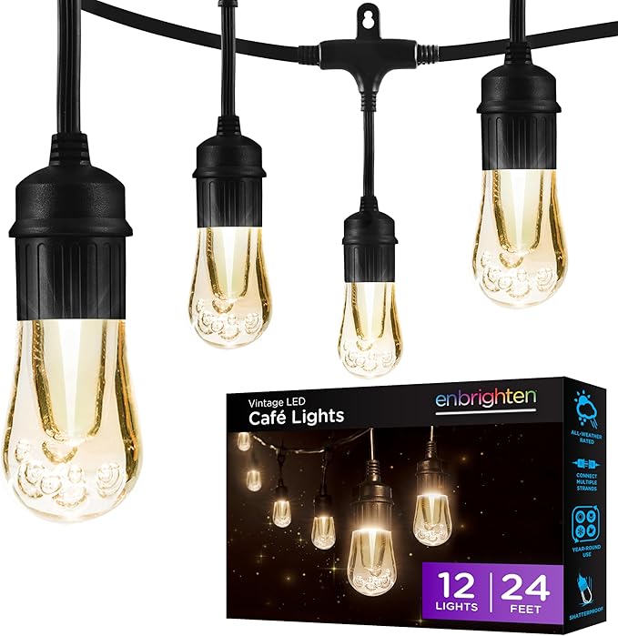 Enbrighten LED Outdoor String Lights 24ft Soft Warm White Patio Lights with Ultra-Durable Shatterproof and Waterproof Acrylic Bulbs for Balcony, Backyard, Porch, Gazebo, Deck, Party and Market, 35629