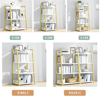 IOTXY 4 Tier Open Bookshelf - Steel and Wood Display Stand, 50CM Width Floor-Standing Bookcase, Gold