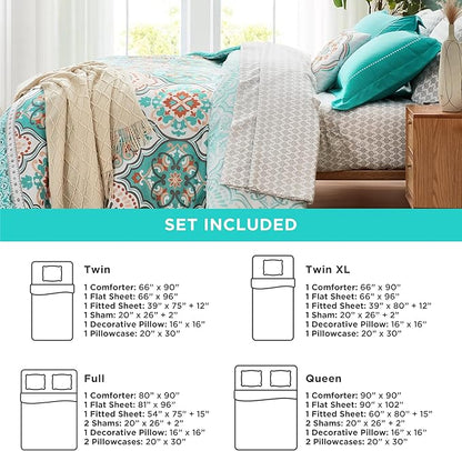 Degrees of Comfort Twin Bed in A Bag 6 Piece, Lattice Boho Bedding Sets for Teen Girls, Aqua Floral Bed Set, Microfiber Colorful Comforter Set with Sheets, Matching Decorative Pillow