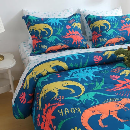 Wajade Boys Dinosaur Comforter Set Bed in A Bag Full Size 7 Piece 3D Blue Dinosaur Print Bedding Set for Kids Teens(1 Comforter, 1 Flat Sheet, 1 Fitted Sheet, 2 Pillowcase and 2 Pillow Sham)
