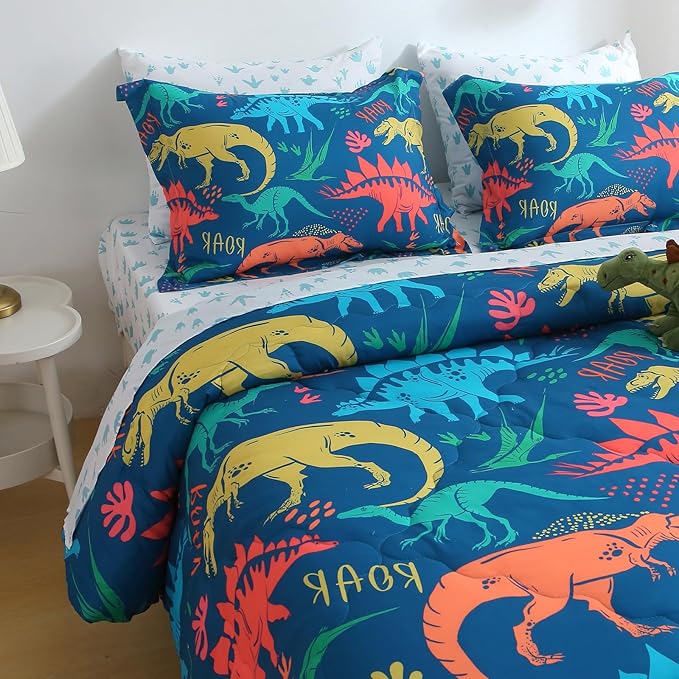 Wajade Boys Dinosaur Comforter Set Bed in A Bag Twin Size 7 Piece 3D Blue Dinosaur Print Bedding Set for Kids Teens(1 Comforter, 1 Flat Sheet, 1 Fitted Sheet, 2 Pillowcase and 2 Pillow Sham)