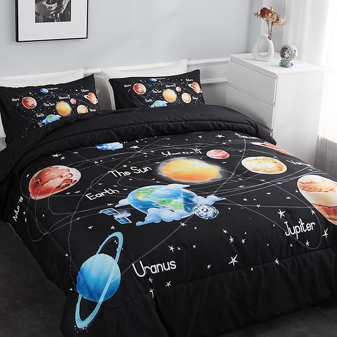 Twin Bedding Sets for Boys Girls Solar System Comforter Set Outer Space Bedding Set 3 Pieces 1 Space Comforter Twin and 2 Pillow Cases Kids Ultra-Soft Microfiber All Seasons for Bedroom Sofa