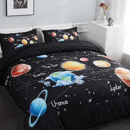 Twin Bedding Sets for Boys Girls Solar System Comforter Set Outer Space Bedding Set 3 Pieces 1 Space Comforter Twin and 2 Pillow Cases Kids Ultra-Soft Microfiber All Seasons for Bedroom Sofa