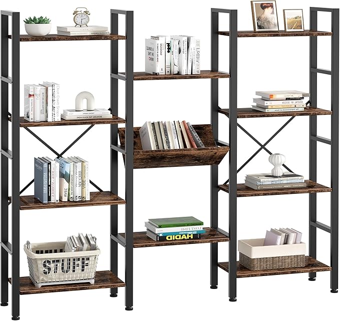 Shintenchi Industrial Bookcase,71.6” Triple 4 Tier Bookshelf with 11 Open Display Shelves,Large Etagere Bookshelf Open Record Player Shelves,Wide Book Shelf Book Case for Home & Office,Rustic Brown