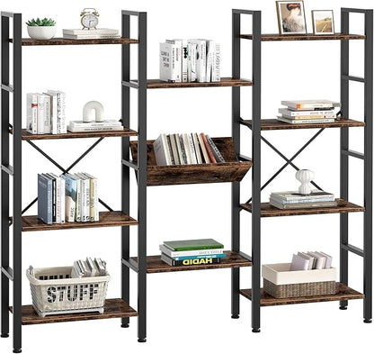 Shintenchi Industrial Bookcase,71.6” Triple 4 Tier Bookshelf with 11 Open Display Shelves,Large Etagere Bookshelf Open Record Player Shelves,Wide Book Shelf Book Case for Home & Office,Rustic Brown