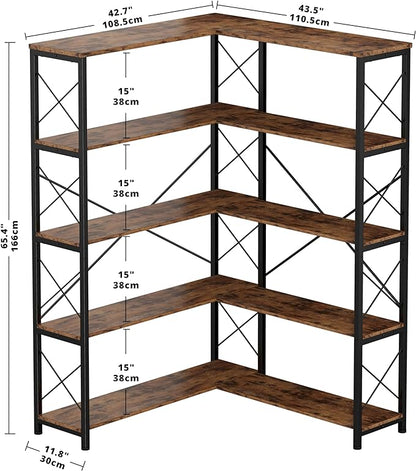 IRONCK 5-Shelf Corner Bookcase, Vintage Industrial Corner Bookshelf Etagere Bookcase, 5 Tier Corner Shelf Storage Rack with Metal Frame for Living Room Home Office